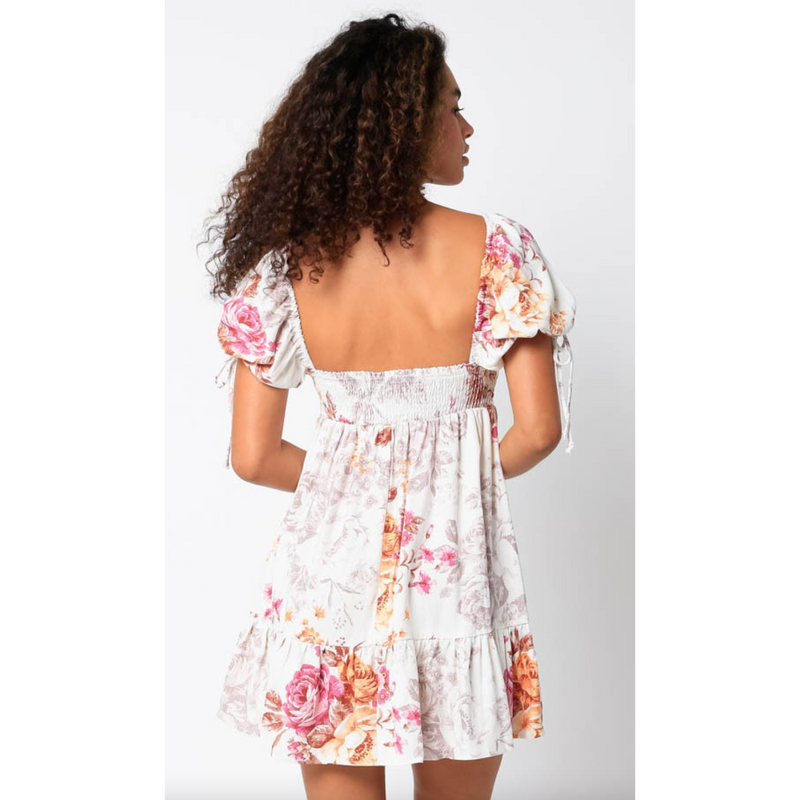 The Tallulah White Floral Puff Sleeve Sweetheart Neck Babydoll Mini Dress