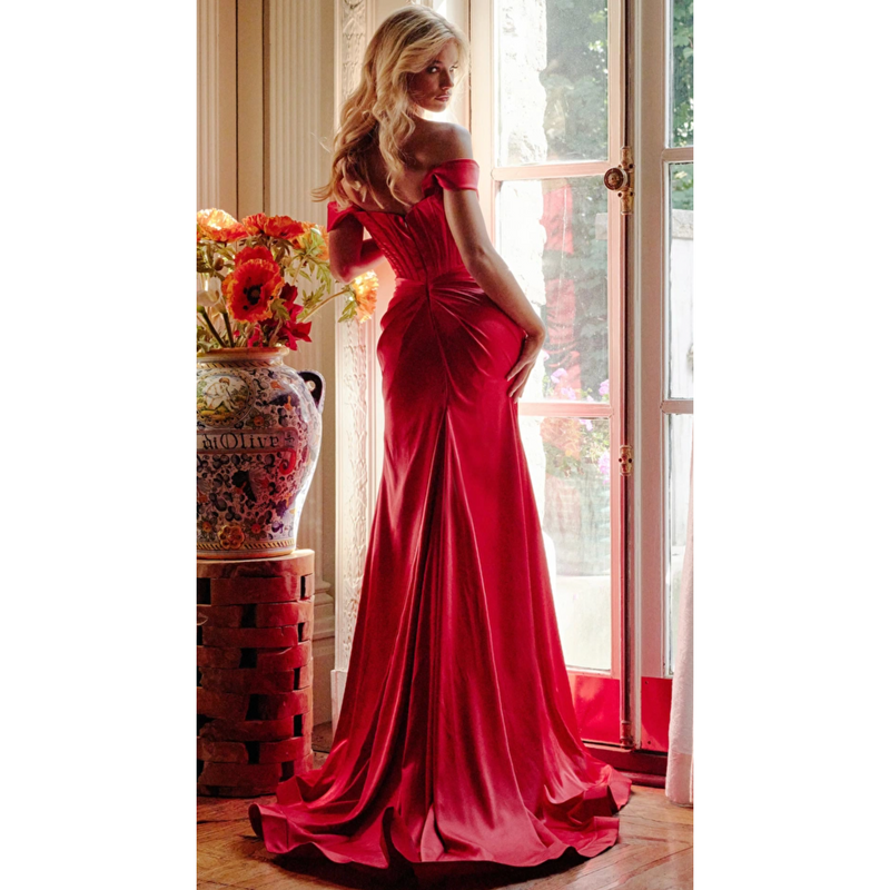 The Jovani 23368 Red Corset Off The Shoulder Satin Gown