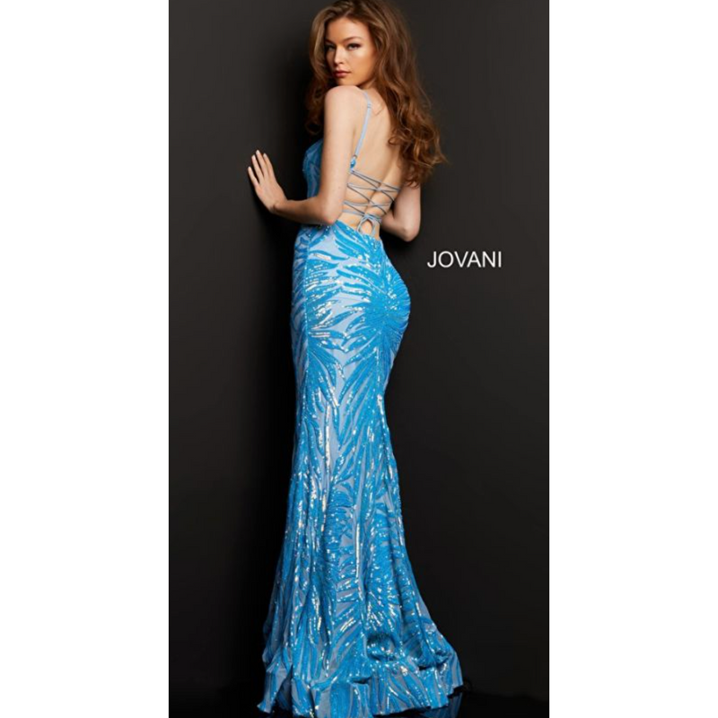 The Jovani 08481 Blue Fitted Sequin Embellished Gown