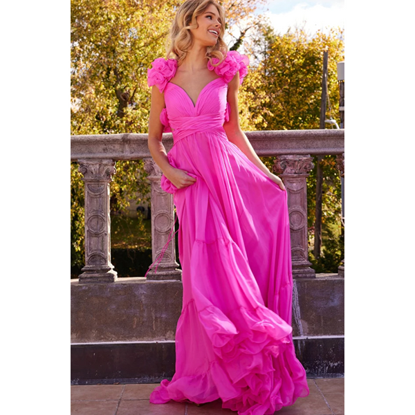The Jovani Hot Pink Ruffle Shoulder Tiered Gown