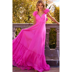 The Jovani 23322 Hot Pink Ruffle Shoulder Tiered Gown