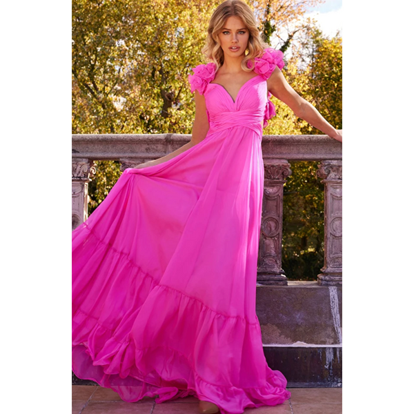 The Jovani Hot Pink Ruffle Shoulder Tiered Gown