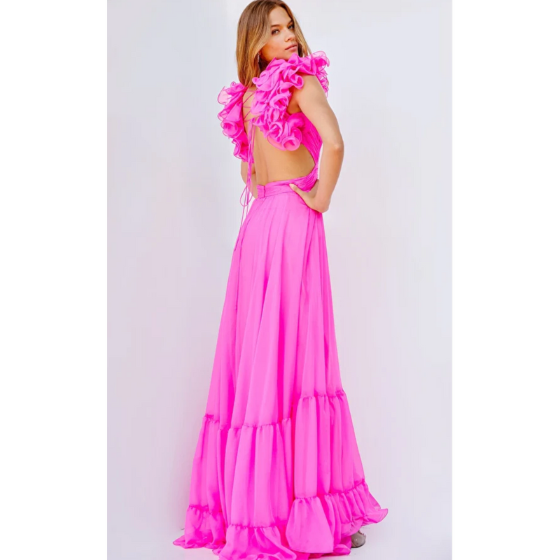 The Jovani 23322 Hot Pink Ruffle Shoulder Tiered Gown