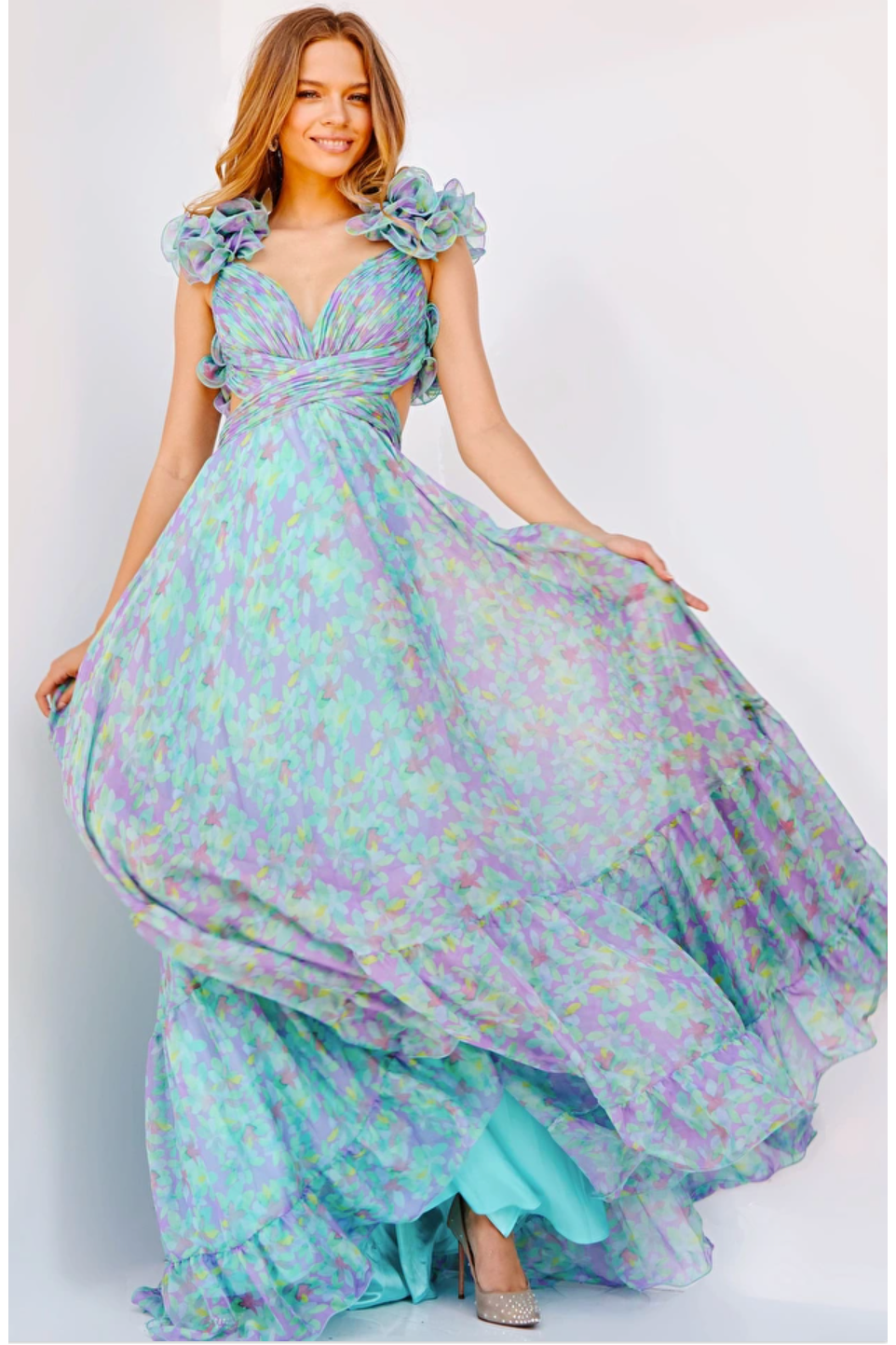 The Jovani Blue Floral Print Ruffle Shoulder Full Skirt Gown 2