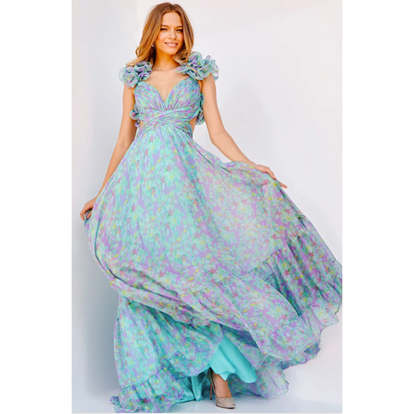 The Jovani Blue Floral Print Ruffle Shoulder Full Skirt Gown