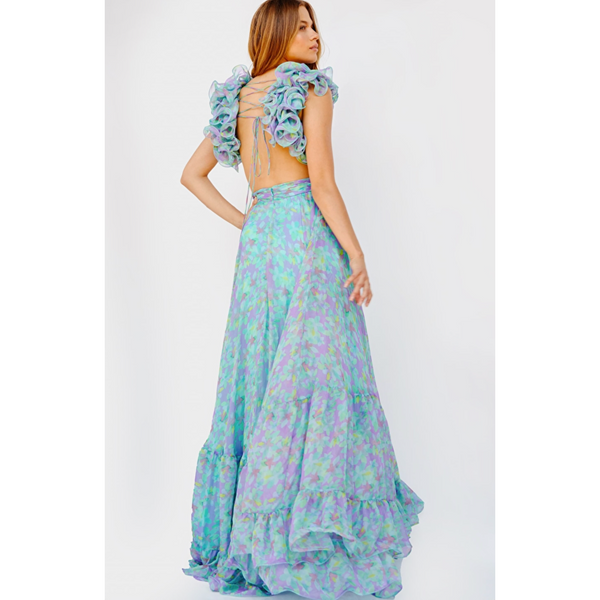 The Jovani 23320 Blue Floral Print Ruffle Shoulder Full Skirt Gown