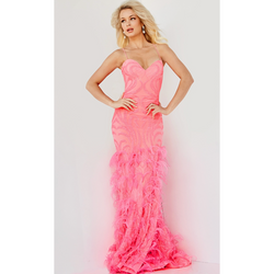 The Jovani 07425 Hot Pink Embellished Feather Gown