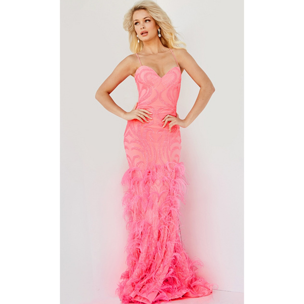The Jovani Hot Pink Embellished Feather Gown