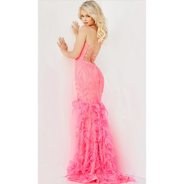 The Jovani Hot Pink Embellished Feather Gown