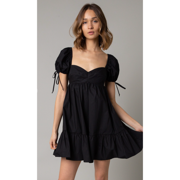 The Tallulah Black Poplin Puff Sleeve Sweetheart Neck Babydoll Mini Dress