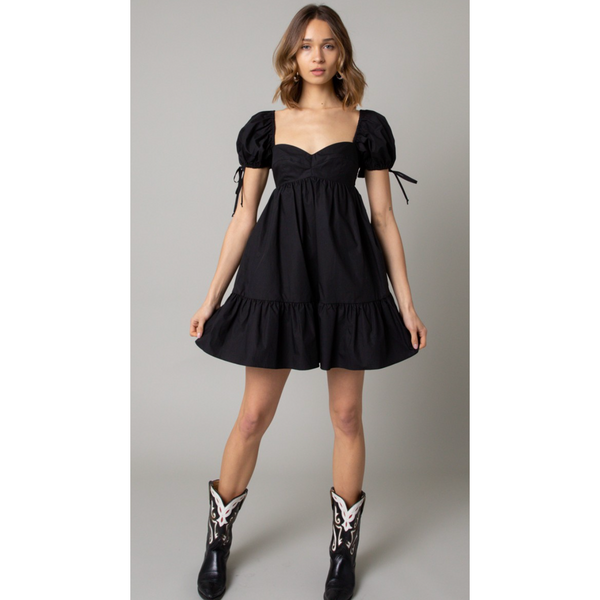 The Tallulah Black Poplin Puff Sleeve Sweetheart Neck Babydoll Mini Dress
