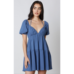 The Demi Blue Puff Sleeve Halter Babydoll Mini Dress