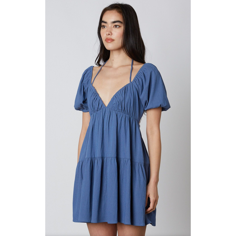 The Demi Blue Puff Sleeve Halter Babydoll Mini Dress