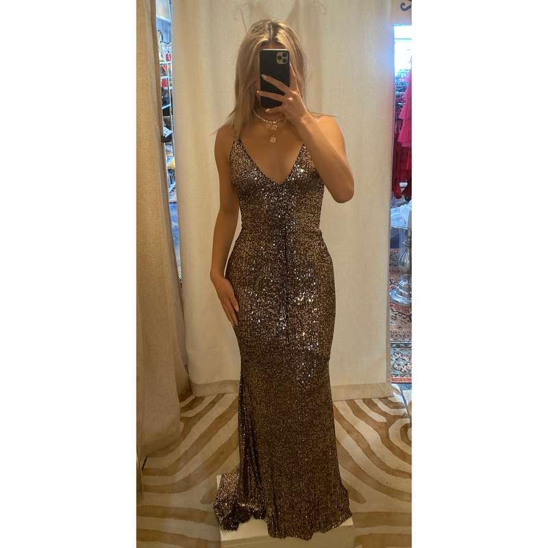 The It Girl Pewter Sequin V-Neck Low Knot Back Gown