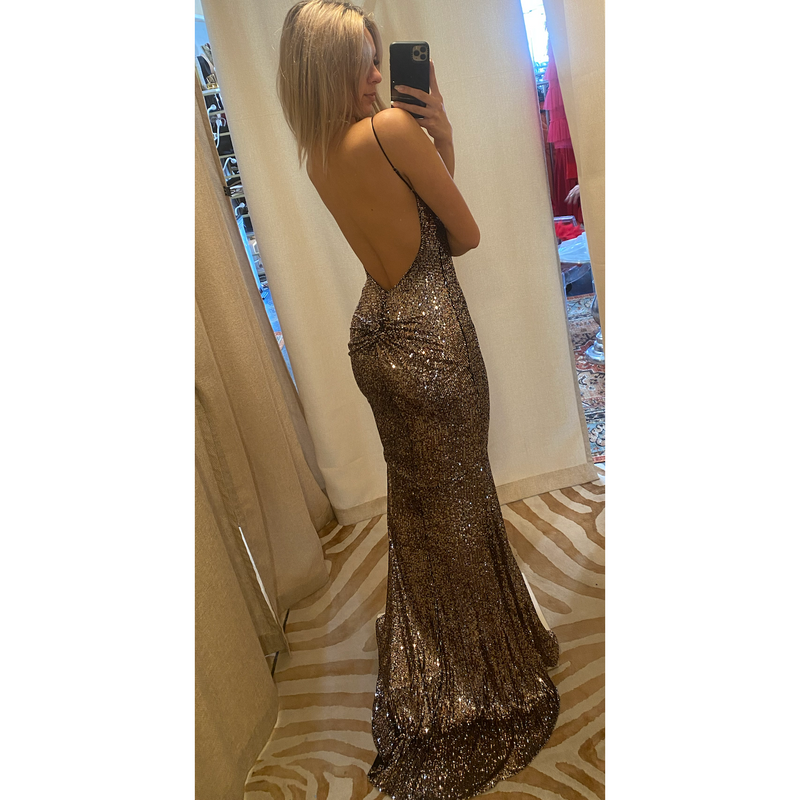 The It Girl Pewter Sequin V-Neck Low Knot Back Gown