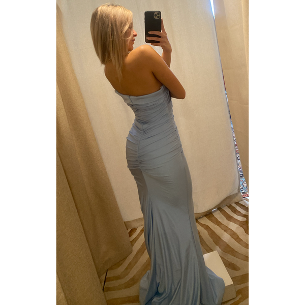 The Jovani Light Blue One Shoulder Ruched Gown