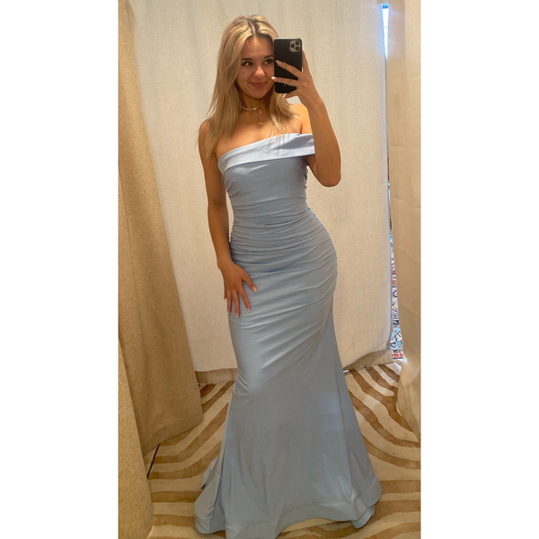 The Jovani Light Blue One Shoulder Ruched Gown