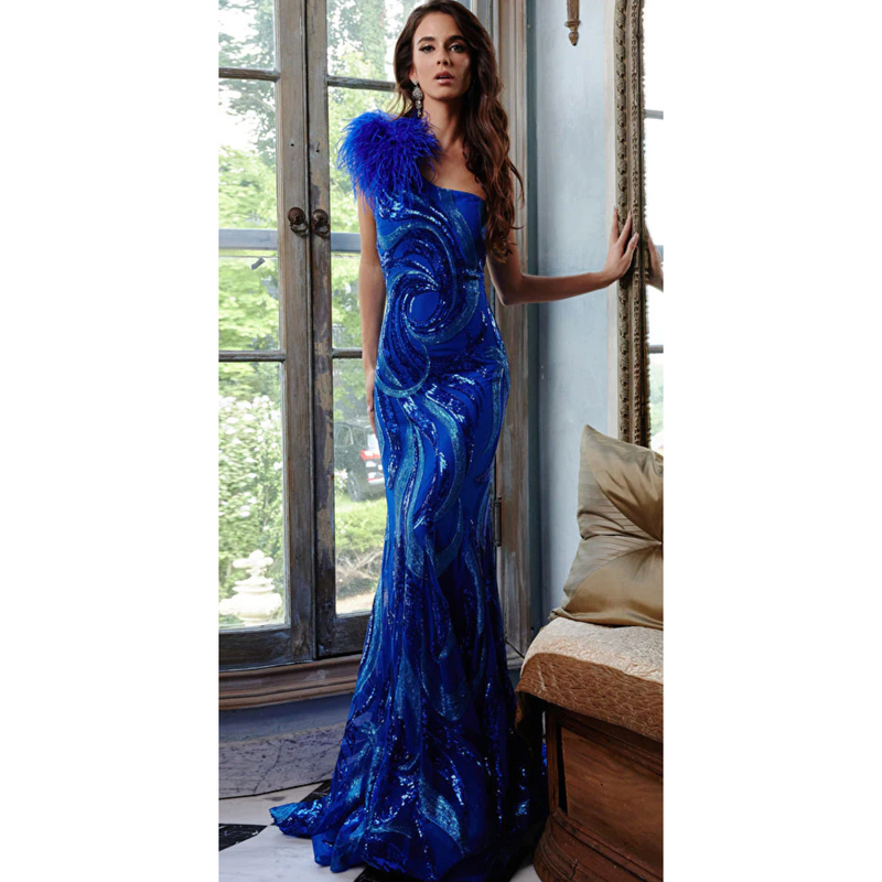 The Jovani 32596 Royal Blue One Shoulder Feather Embellished Gown