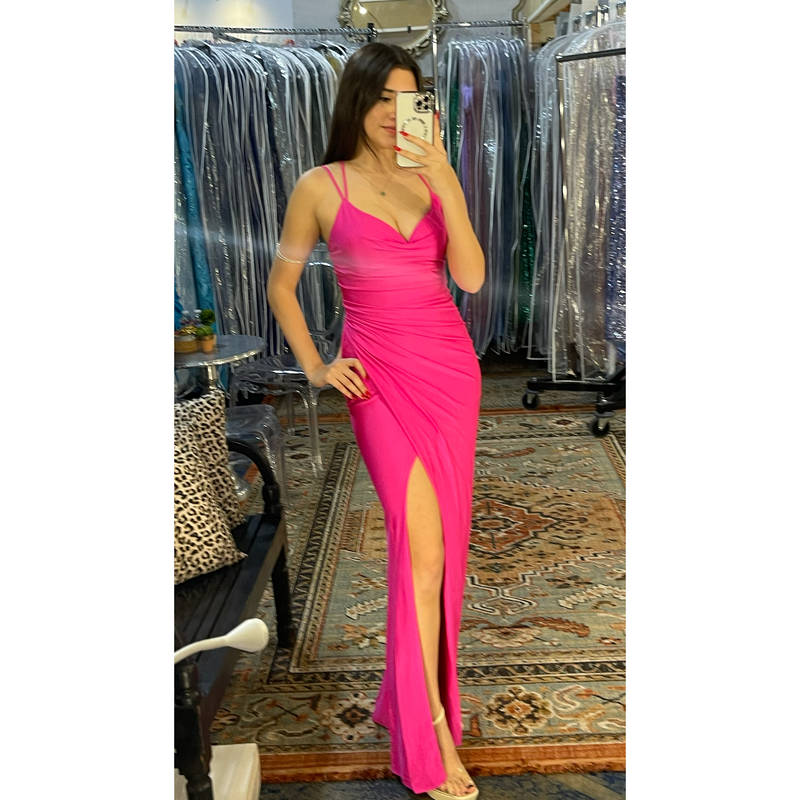 The Raquel Fuchsia V-Neck Faux Wrap Lace-Up Back Gown