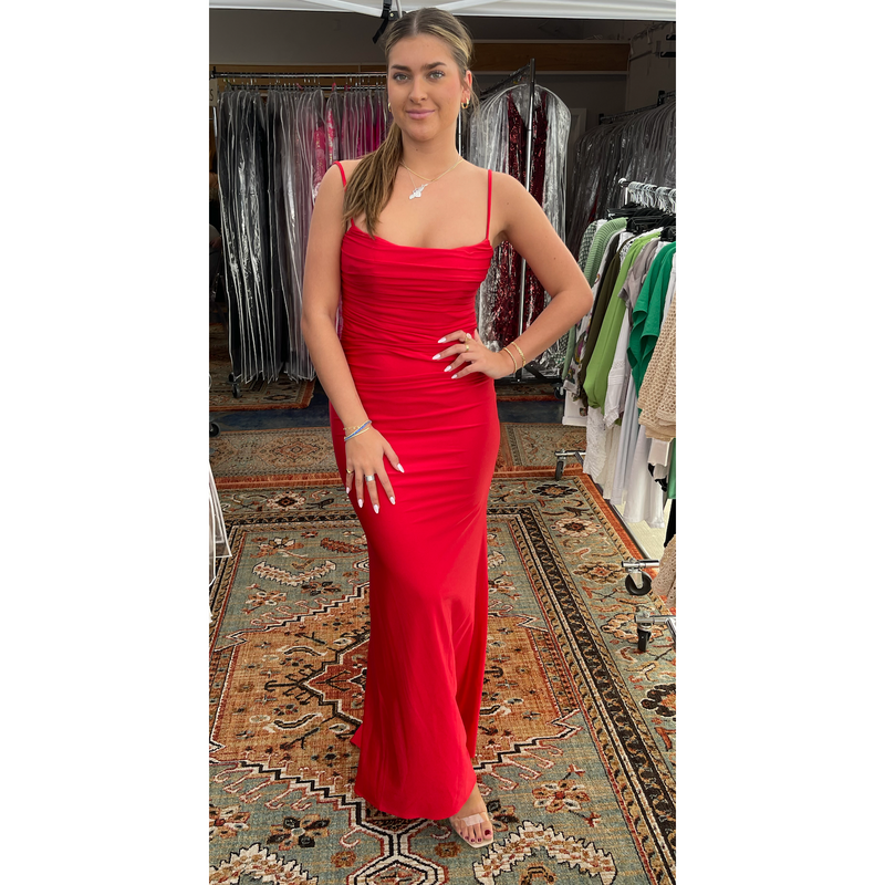 The Alexia Red Soft Satin Ruched Low Back Trumpet Gown