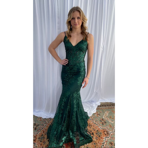 The Palisades Emerald Green Sheer Bodice Embellished Mermaid Gown