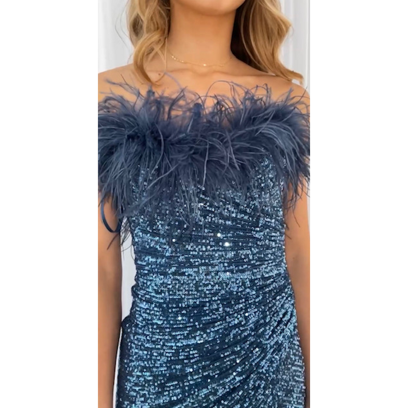 The Hollywood Feathered Sequin Gown in Lapis Blue