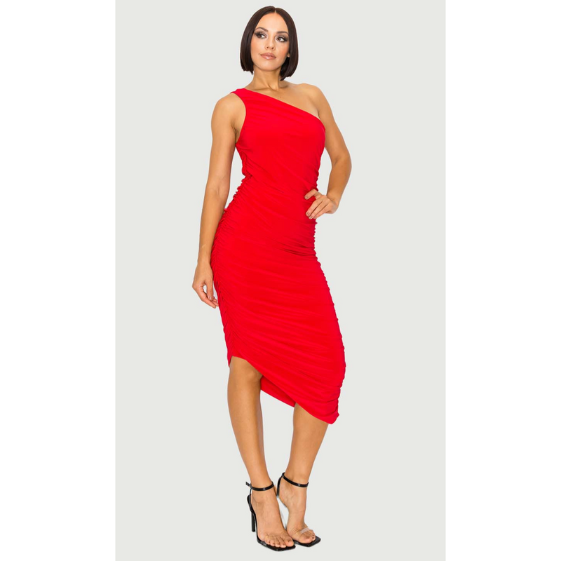 The Allure One Shoulder Red Ruched Bodycon Midi Dress