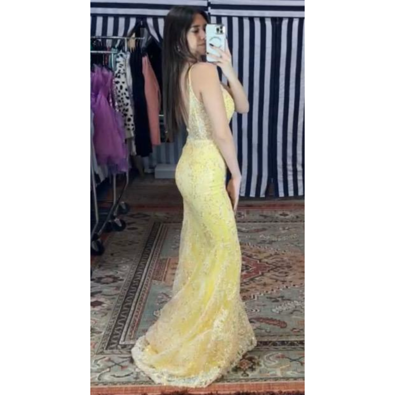 The Aurora Yellow Sheer Bodice Embellished Mermaid Gown