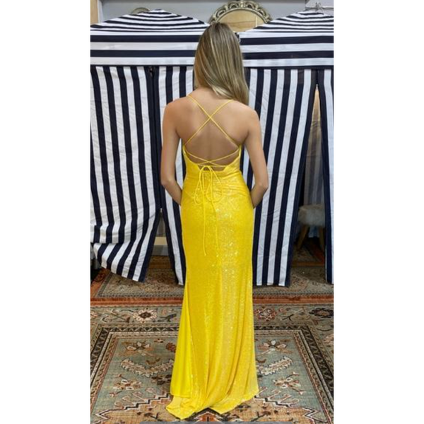 The Brentwood Yellow Sequin Ruched Lace Up Back Gown