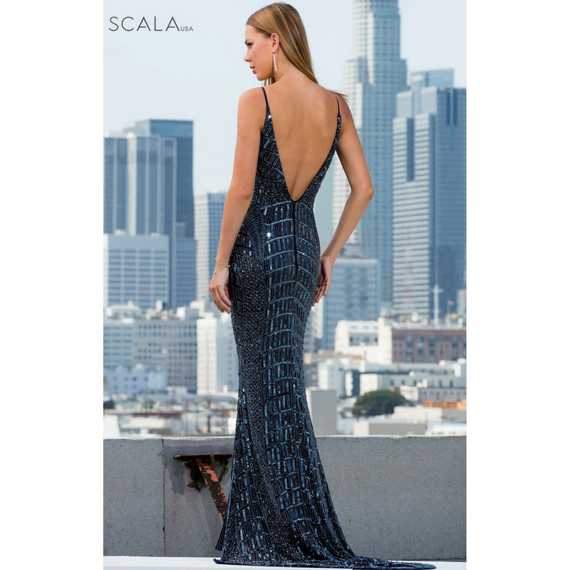 The Scala 60288 Midnight Blue Embellished Sheath Gown
