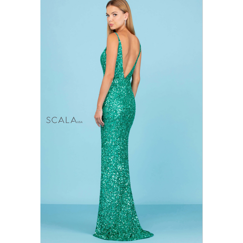 The Scala 60297 Emerald Green Sequin Sheath Gown