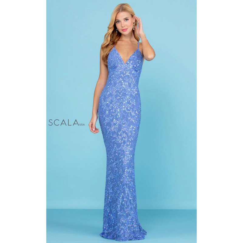 The Scala 47542 Dolphin Blue Sequin Sheath Gown