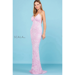 The Scala 48557 Blush/Pearl Sequin Sheath Gown
