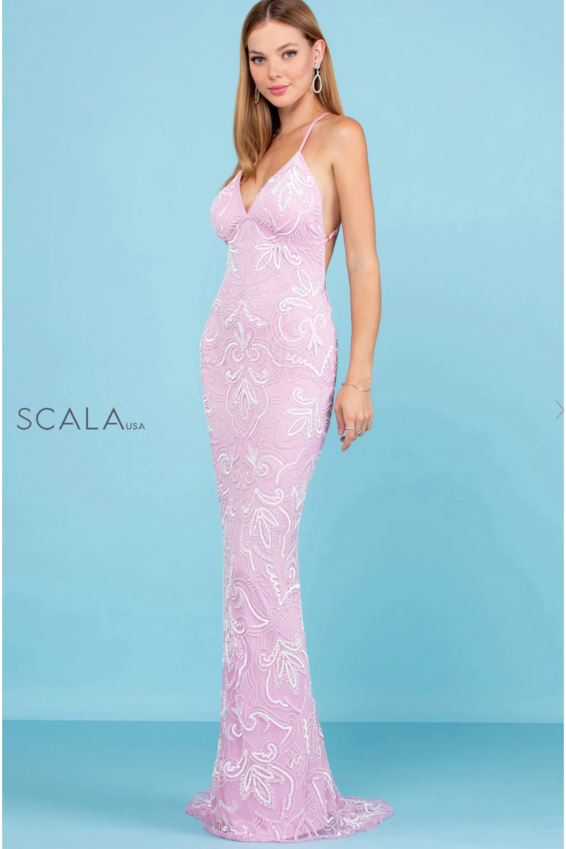 The Scala 48557 Blush/Pearl Sequin Sheath Gown Cason Couture The Scala 48557 Blush/Pearl Sequin Sheath Gown Cason Couture