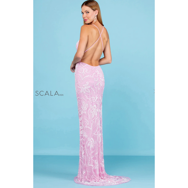 The Scala 48557 Blush/Pearl Sequin Sheath Gown