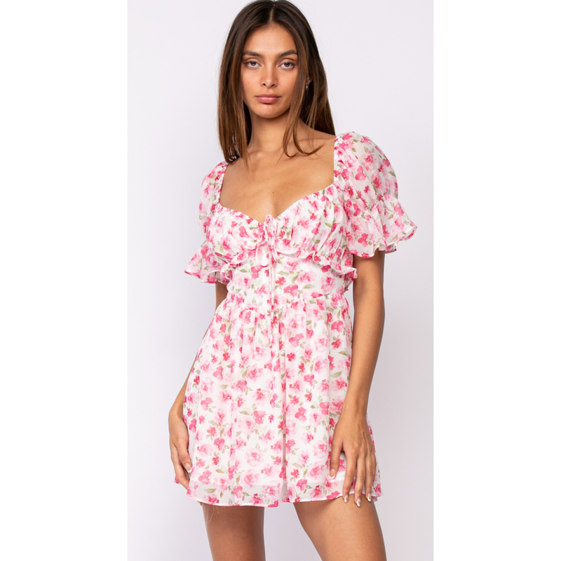 The Begonia White/Pink Floral Puff Sleeve Sweetheart Neck Babydoll Mini Dress