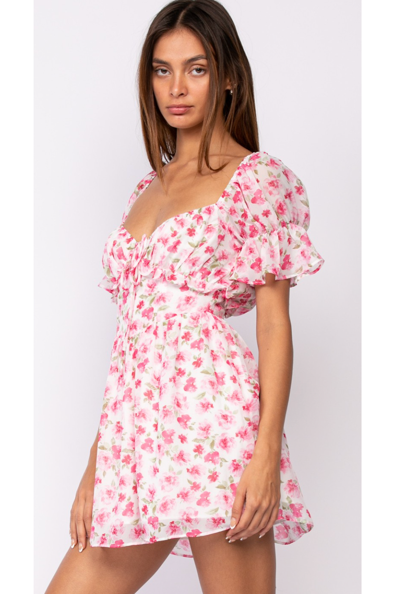 The Begonia White/Pink Floral Puff Sleeve Sweetheart Neck Babydoll Mini Dress
