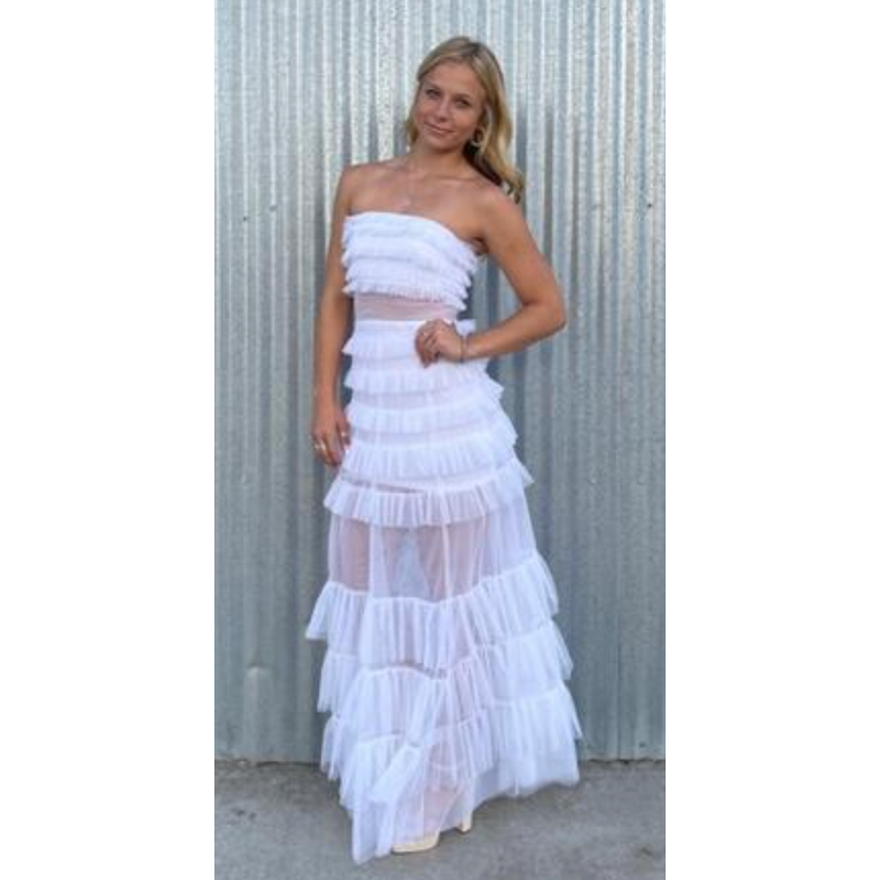The Hilton White Strapless Tulle Tiered Gown