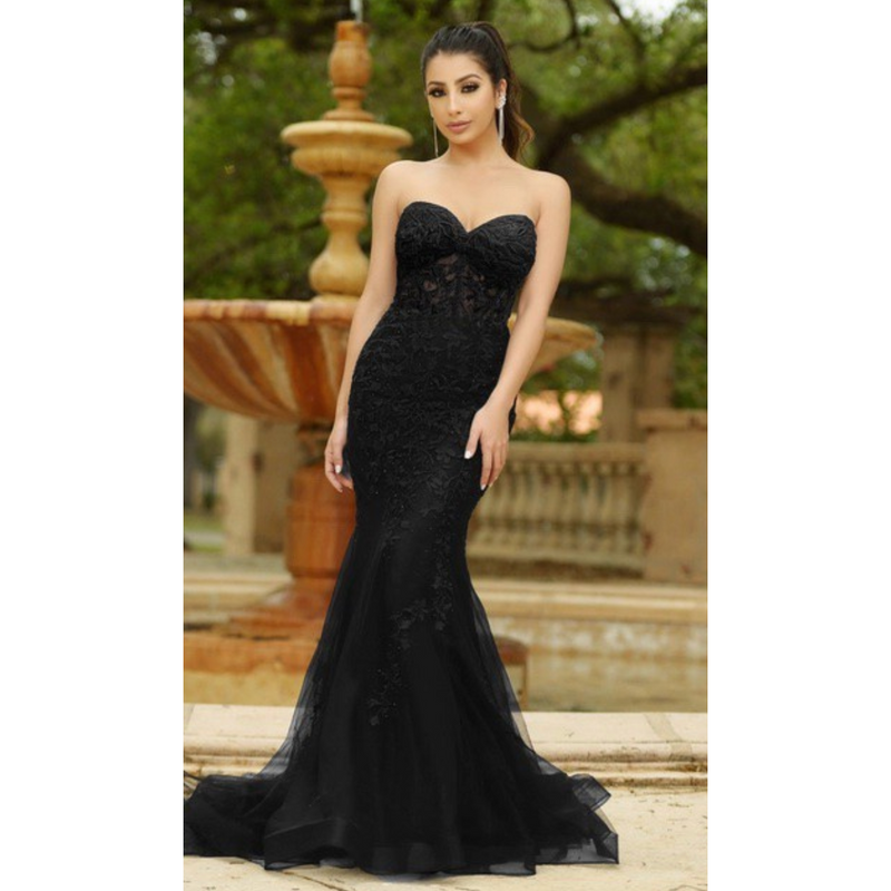 The Noella Black Strapless Applique and Tulle Corset Gown