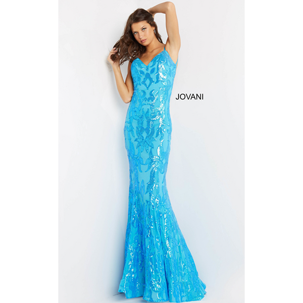 The Jovani Turquoise Pattern Sequin Embellished Gown