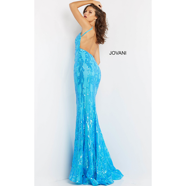 The Jovani 07784A Turquoise Pattern Sequin Embellished Gown