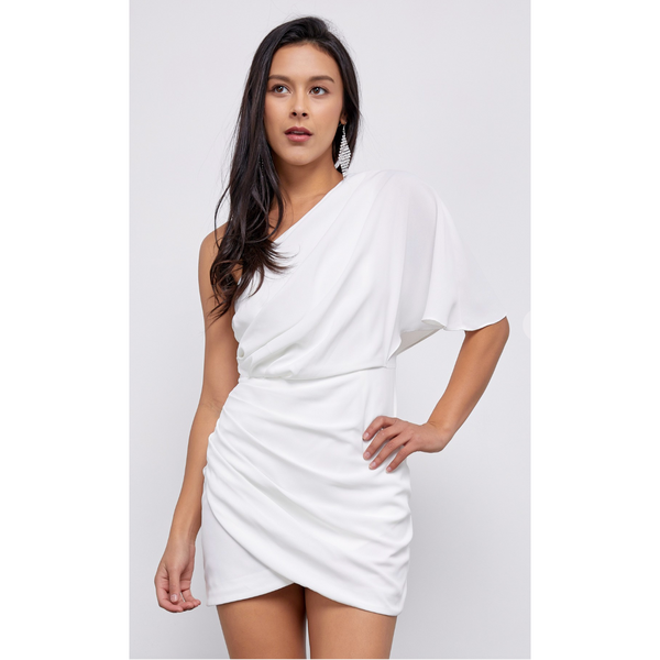 The Capella One Shoulder Bell Sleeve Wrap Mini Dress