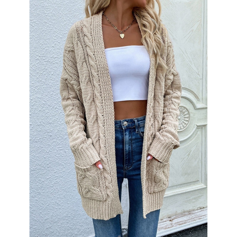 The Fall Cable Knit Open Front Cardigan with Pockets in Green, Beige, Caramel, Black, Gray or Pink