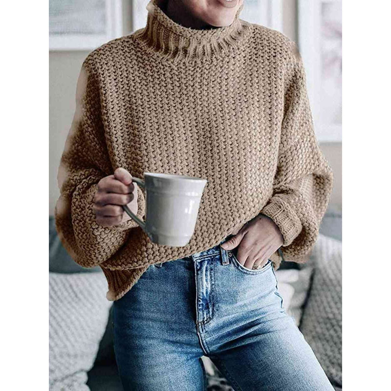 The Chunky Knit Mock Neck Dropped Shoulder Sweater in Several Colors