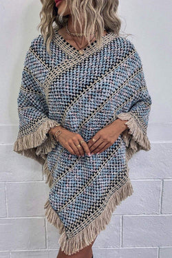 The Zuma Heathered Gray V-Neck Fringe Hem Poncho