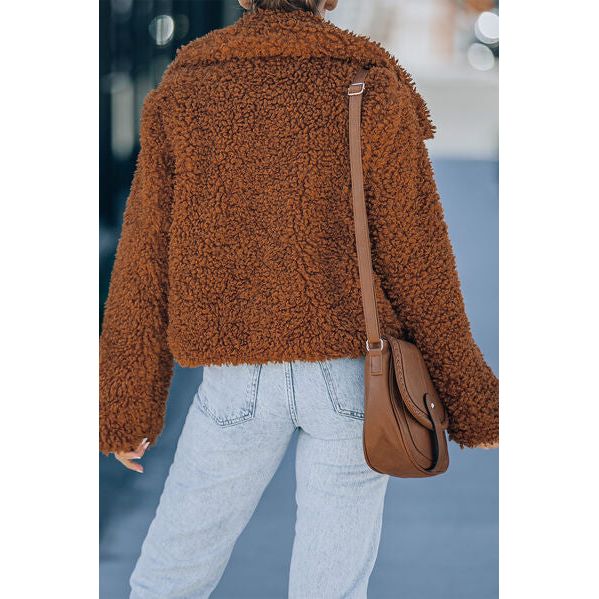 The Teddy Chestnut Snap Front Cropped Fuzzy Jacket