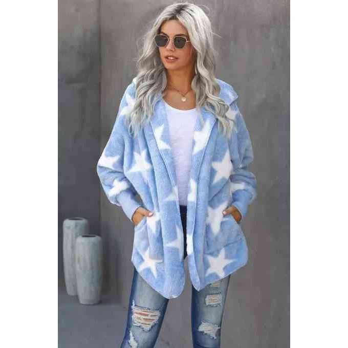 The Fuzzy Star Light Blue Hooded Jacket with Pockets