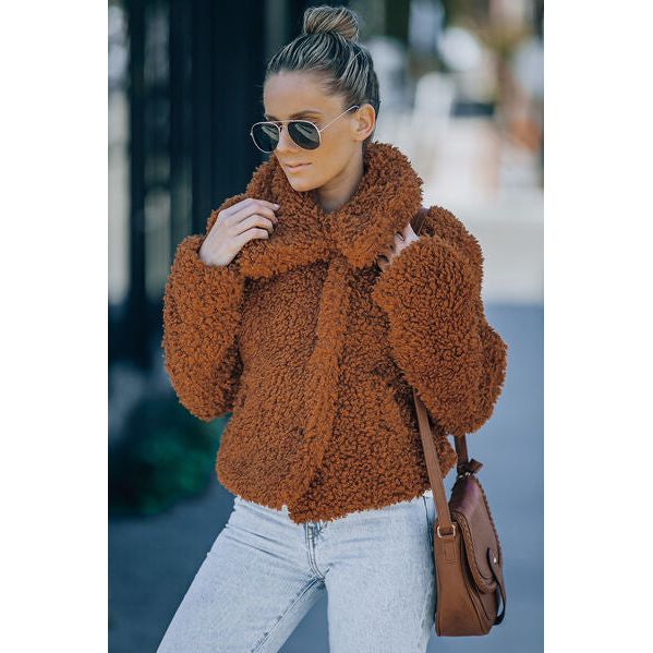 The Teddy Chestnut Snap Front Cropped Fuzzy Jacket