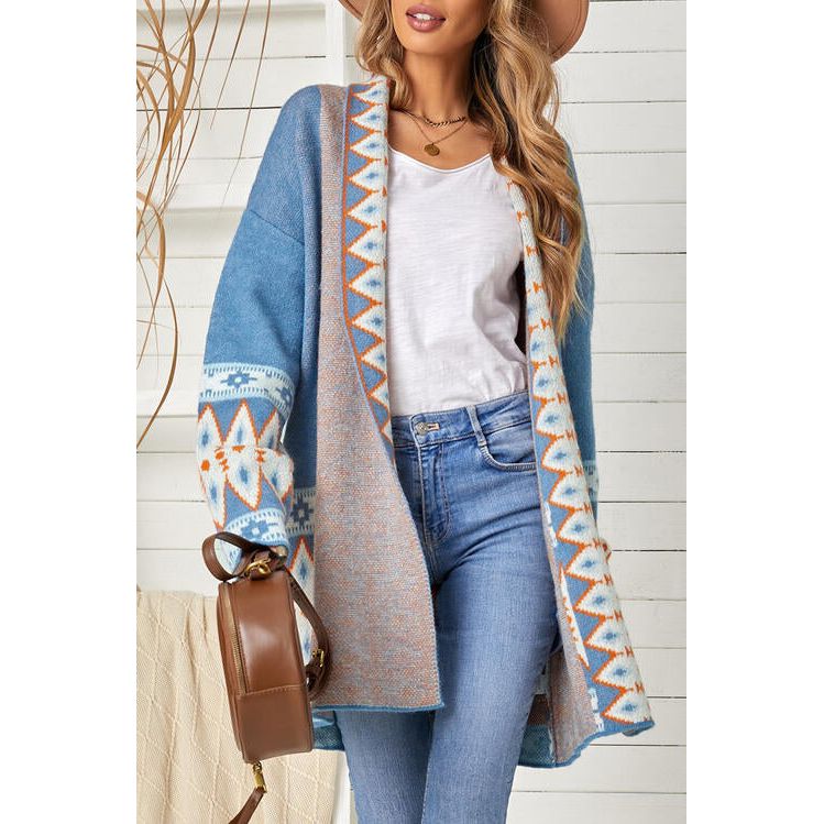 The Geometric Open Front Long Sleeve Cardigan in 4 Colors