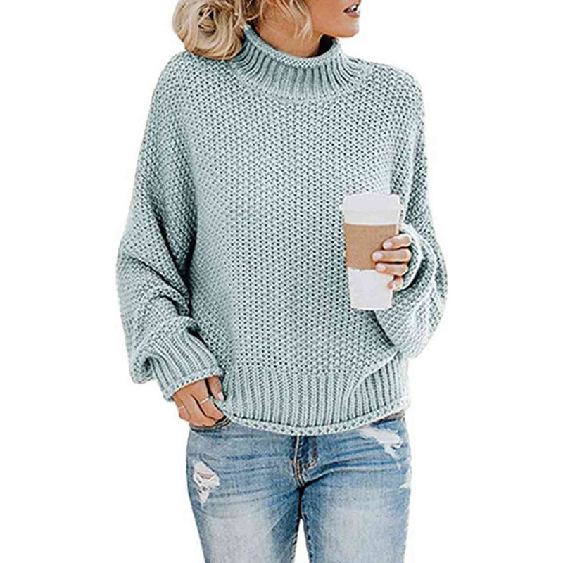 The Chunky Knit Mock Neck Dropped Shoulder Sweater in Several Colors